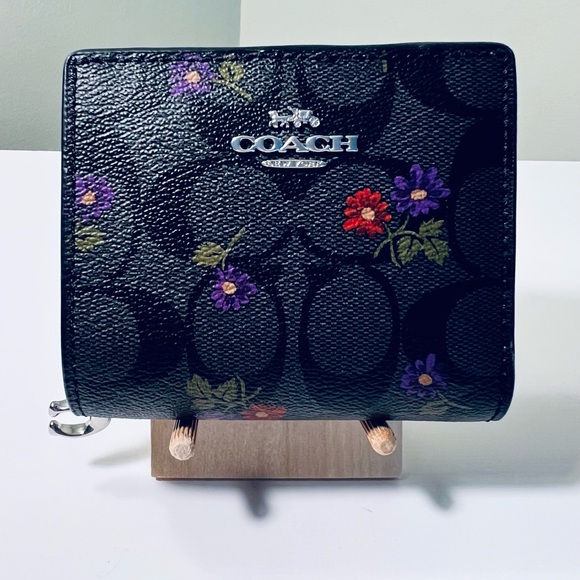 Coach Black Wallet with Floral Accents and Silver Charm - Picture 1 of 11